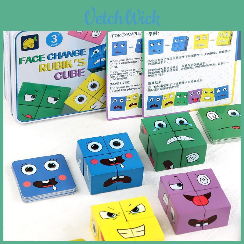 Wooden Facechanging Puzzle Cube With Dual Challenge Cards For Children And Adults