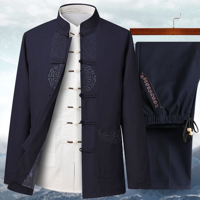 Chinese Traditional Men Tang Suit Tops Pants Hanfu Oriental Embroidery Clothing Sets Casual Kung Fu Tai Chi Uniform