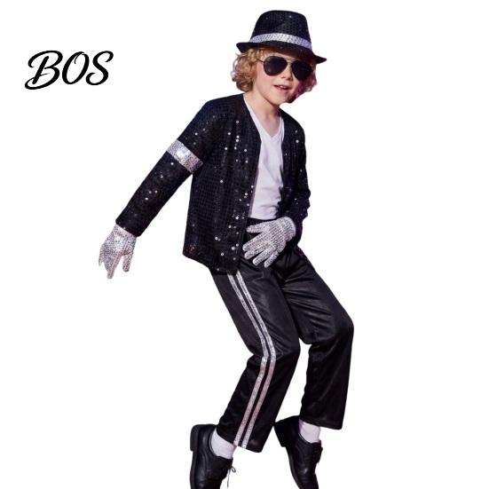 Giacca Paillettes Bambini Anni '80 '90 Costume da Esibizione, Giacca Nera Paillettes, Top, Pantaloni, Cappello, Pantaloni a Strisce Metalliche Occhiali da Bambino, Guanti,