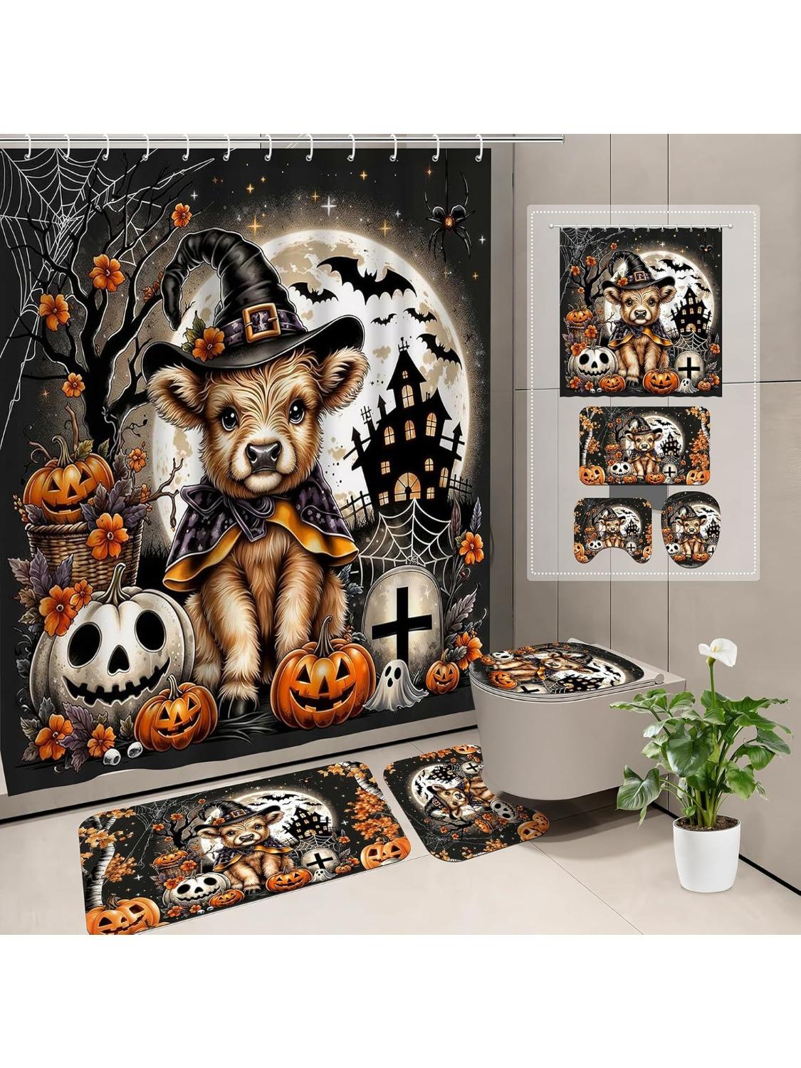

Halloween Shower Curtain Set With 72X72 Inch Bath Mat, U-Shape Rug, Toilet Cover & 12 Hooks - Witch Calf Spooky Decor W60H190(CM)-1 Pcs