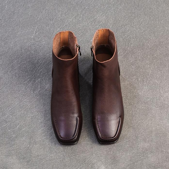 Johnature Square Toe Thick Heel Boots Versatile Genuine Leather Short Boots Commuting Women's Shoes