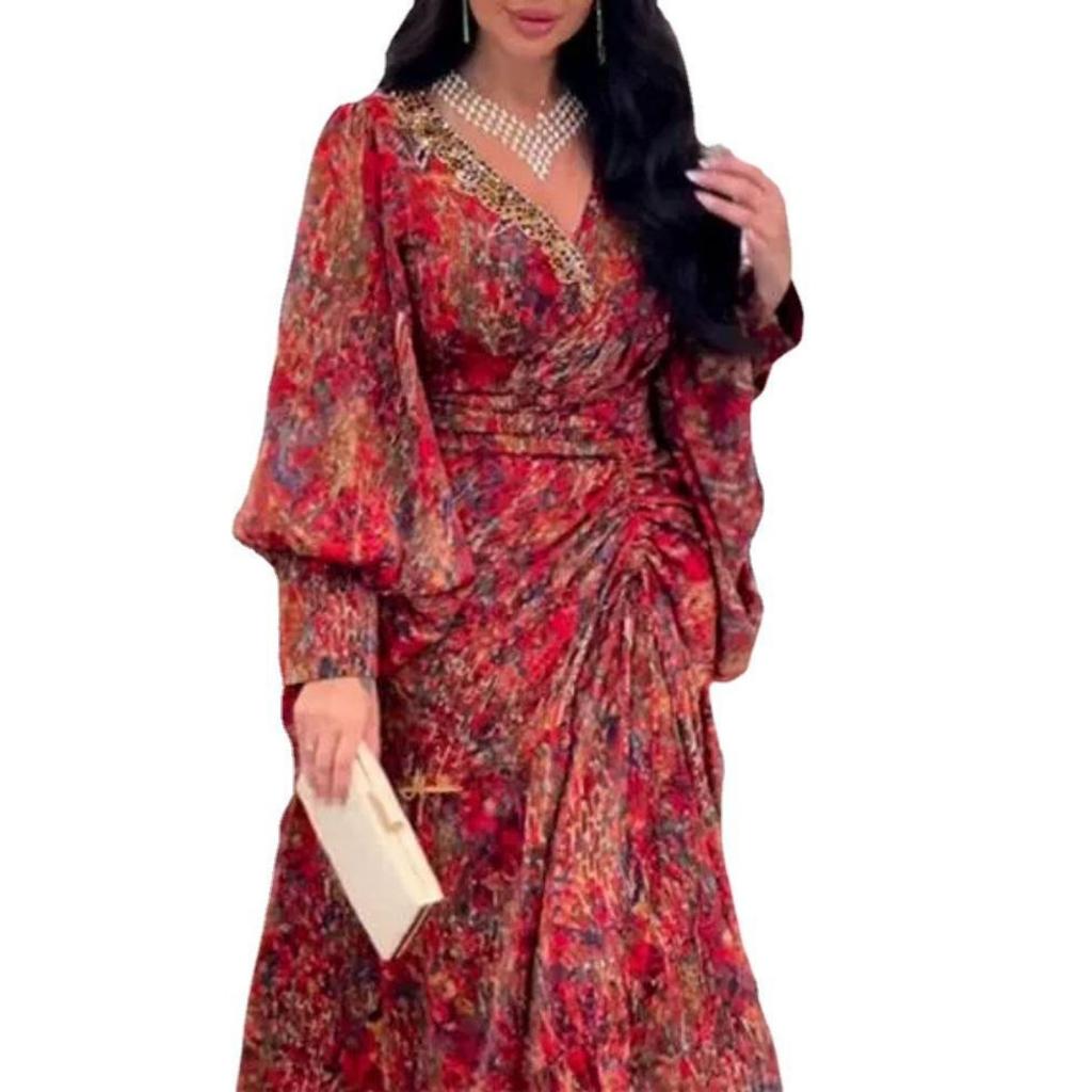 Spring Summer V-neck Patchwork Print High Waist Long Dress With Belt Casual Women's Dress