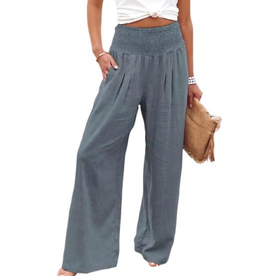 Women Pants Pleated Elastic Waist Straight Wide Leg Long Trousers with Pockets Pure Color Loose Fit Summer Lounge Pants