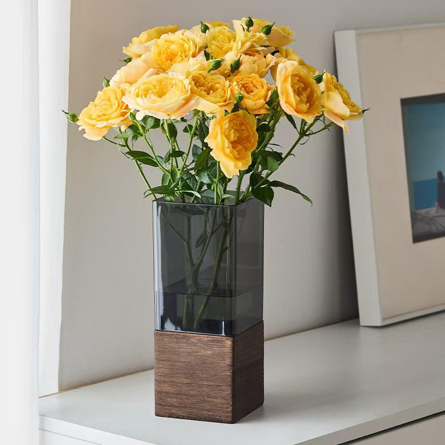 Nordic Wooden Stem Holder Glass Vase for Hydroponic Roses & Bamboo