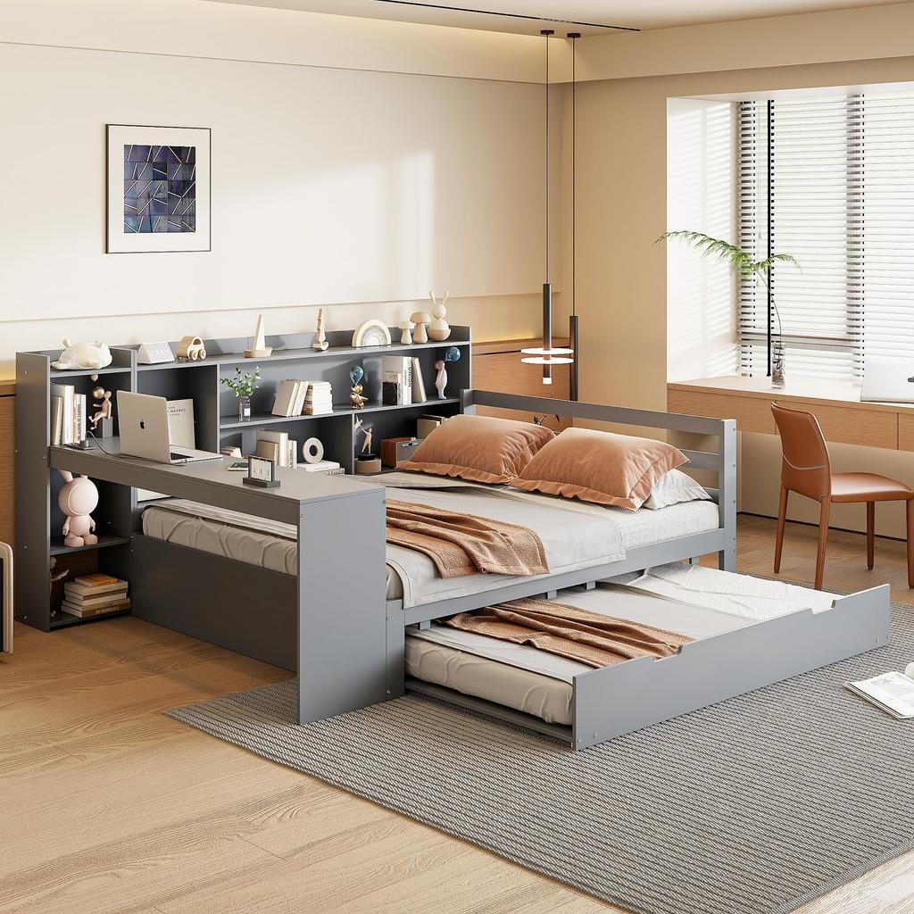 Schlafsofa 140 x 200 cm mit Ausziehbett, Holz Bett mit Schreibtisch und Ablagefächern, Kinderbett mit Steckdose, Grau (Ohne Matratze)