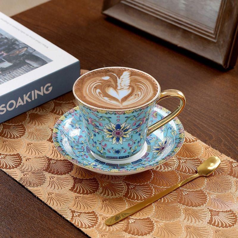 European Enamel Ceramic Coffee Cup & Saucer Set, Elegant Afternoon Tea Cup Set