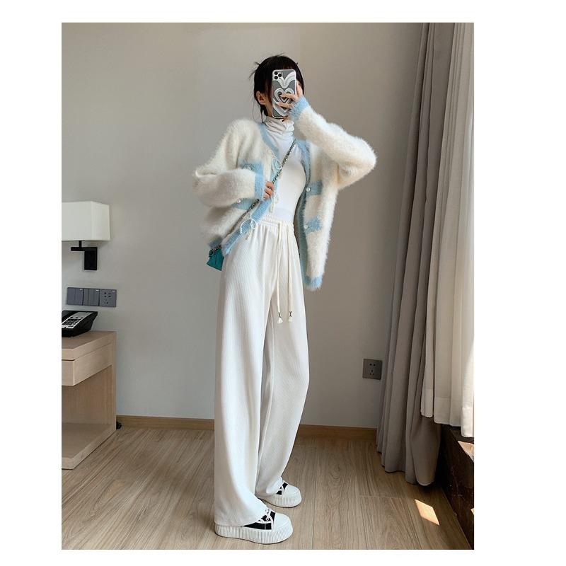 

Вельветовые брюки широкие женские осенне-зимние утолщенные с высокой посадкой драпирующиеся свободные и тонкие повседневные брюки прямые до пола европейские хлопковые вельветовые брюки One Size