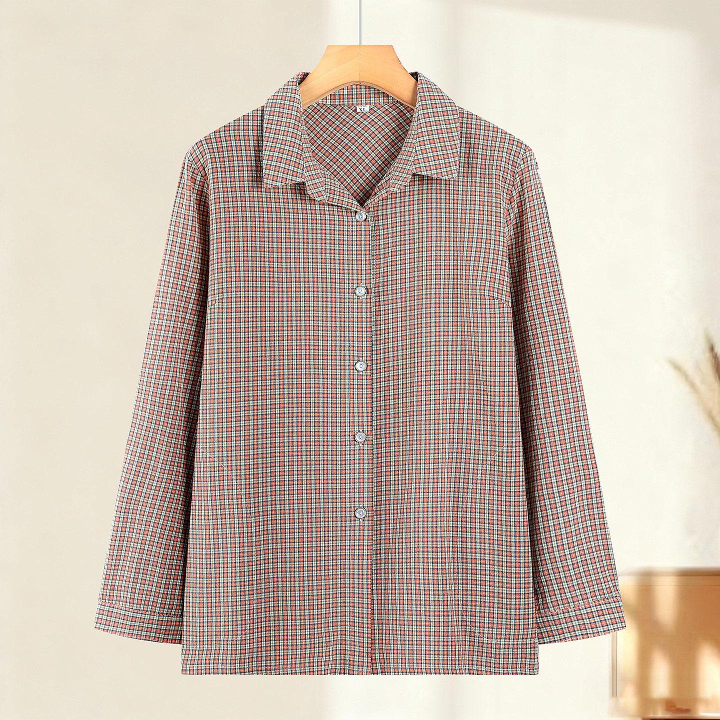

Plaid Cotton Long-Sleeve Shirt for Middle-Aged and Elderly Women, Lapel Button-Up, Perfect for Spring and Autumn 4XL - 135-150 jin