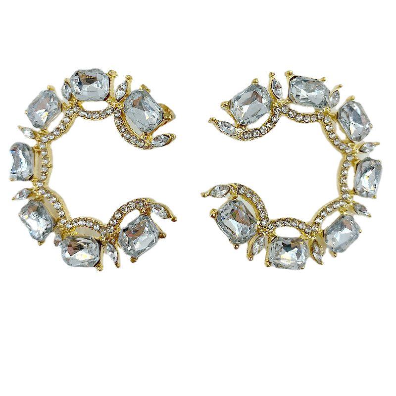 Women's Fashionable Exaggerated C-Shaped Metal Earrings with Color Gems and Rhinestones