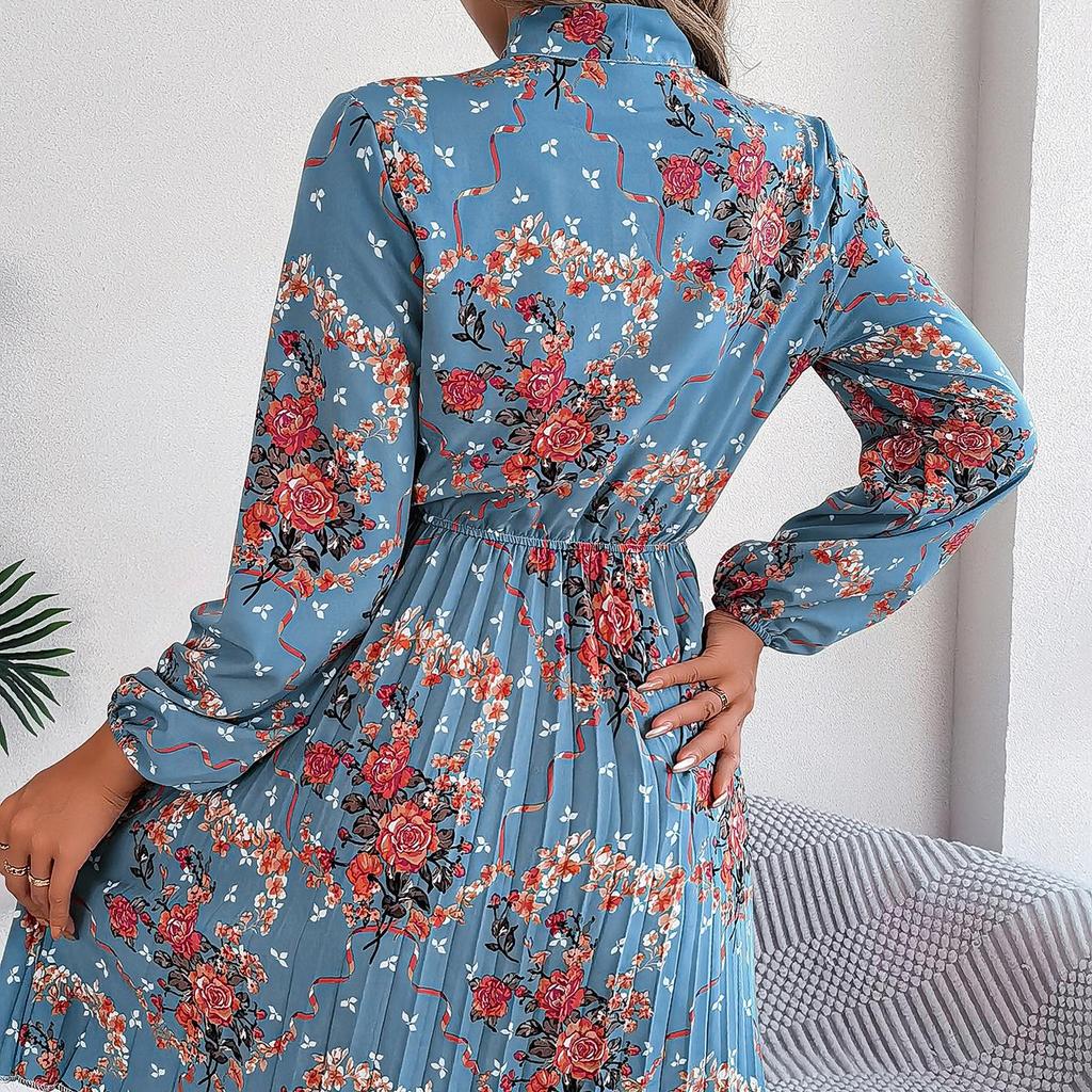 Jesienno-zimowa damska sukienka z długim rękawem w kwiaty, plisowana, z wysokim stanem i linią A