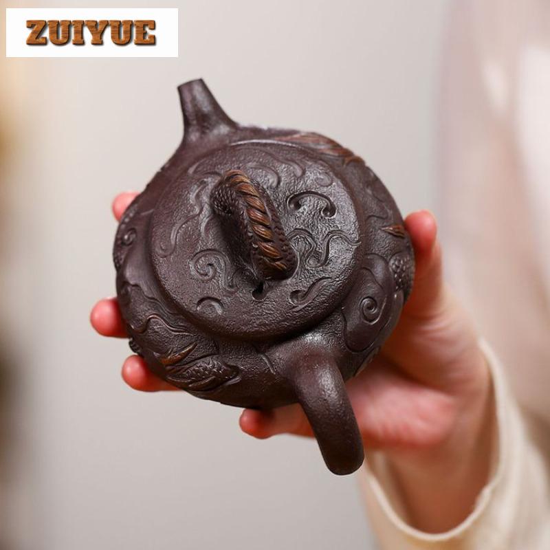 240ml Aesthetic Yixing Purple Clay Teapots Handmade Antique Dragon Pot Raw Ore Purple Mud Tea Making Kettle Zisha Tea Set Tea