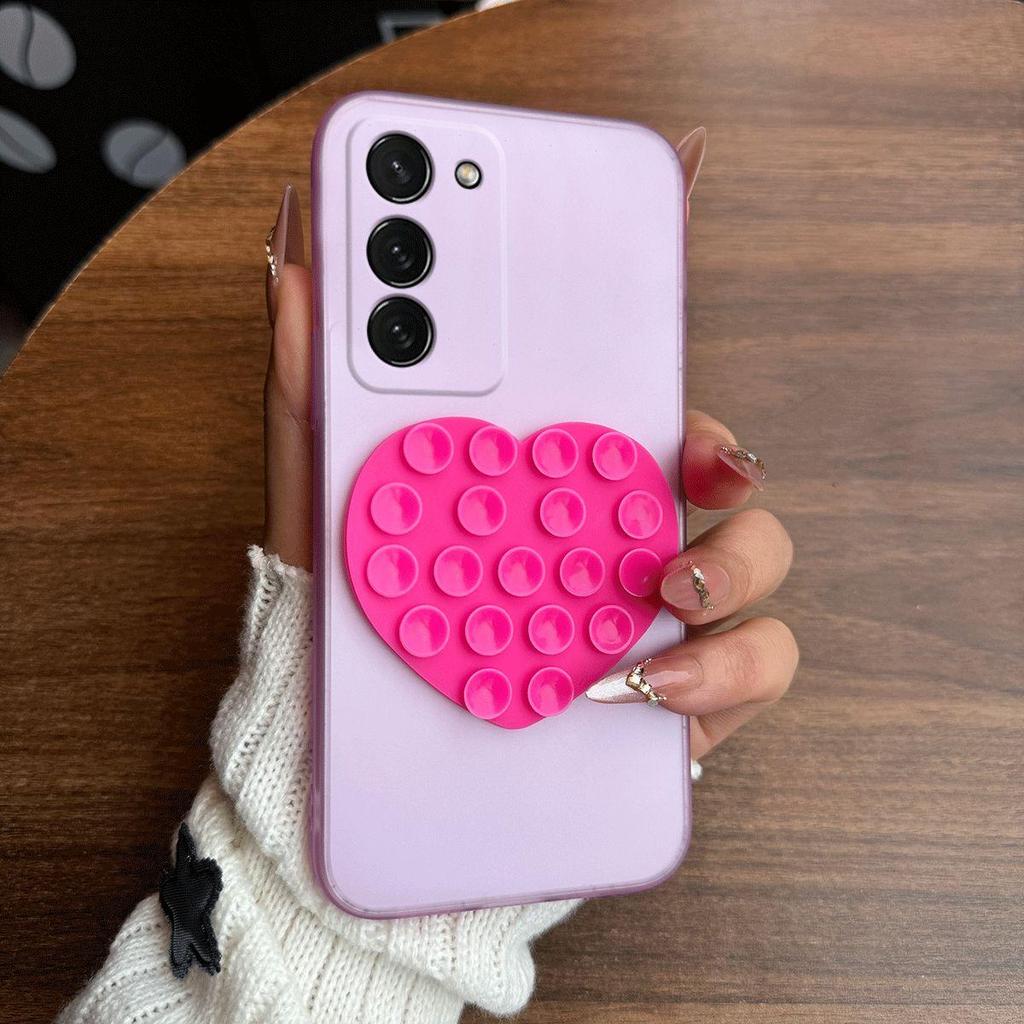 Heart Shape Suction Cup Phone Case for Samsung Galaxy S23+,S23 Semi Transparent Matte Shockproof Soft TPU Cover