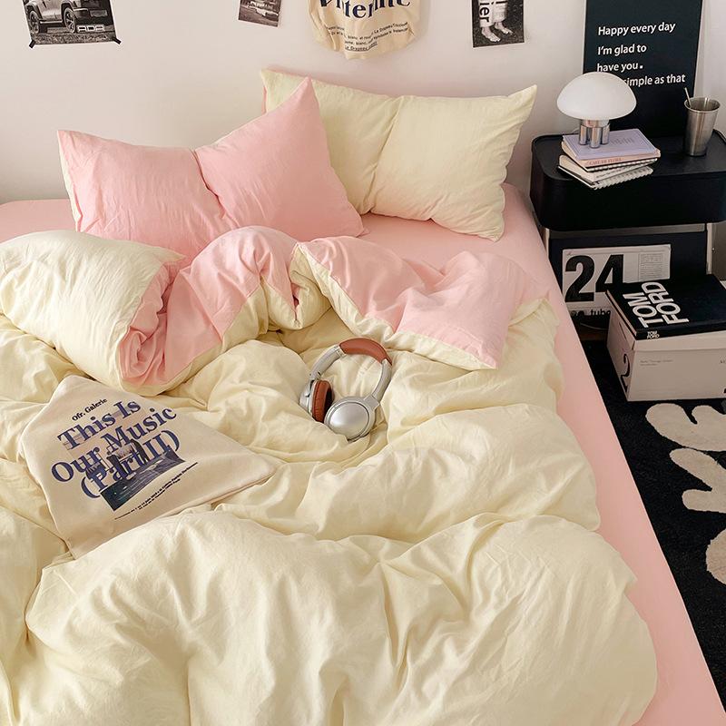 Solid Color Pure Cotton 4-Pcs Set Class A Maternal Infant Grade Naked Sleeping Sheets Quilt Cover Washed Cotton Bedding 3-Pcs Set
