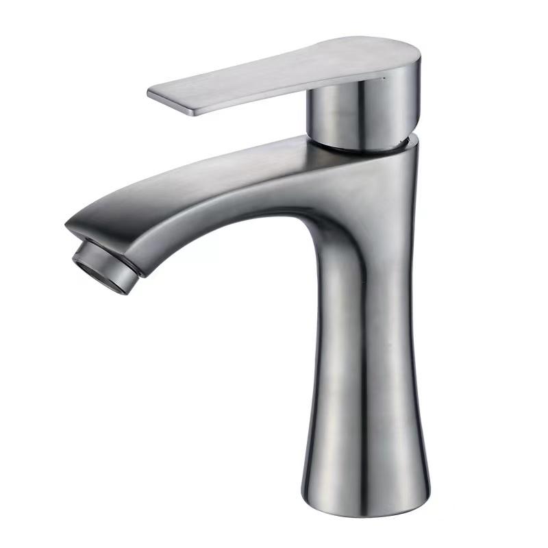 Single Hole Single Lever Basin Sink Faucet Brushed Stainless Steel Cold Hot Mixer Water Saving Bathroom Tap