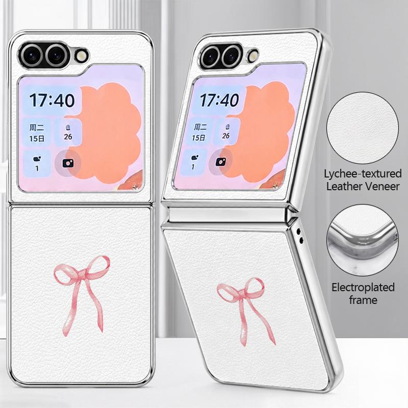 Pink Bowknots Print Case For Samsung Galaxy Z FlIP 7 FE 6 5 Z Flip7 Flip6 Flip5 Luxury Plating PC+PU Leather Hybrid Folding Phone Cover