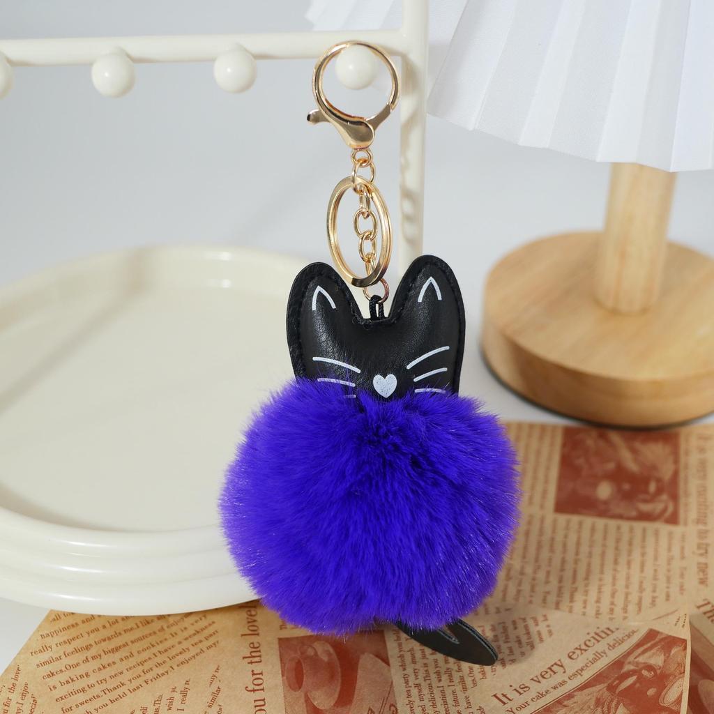 Adorable Black Cat Keychain with Faux Fur Ball Pendant