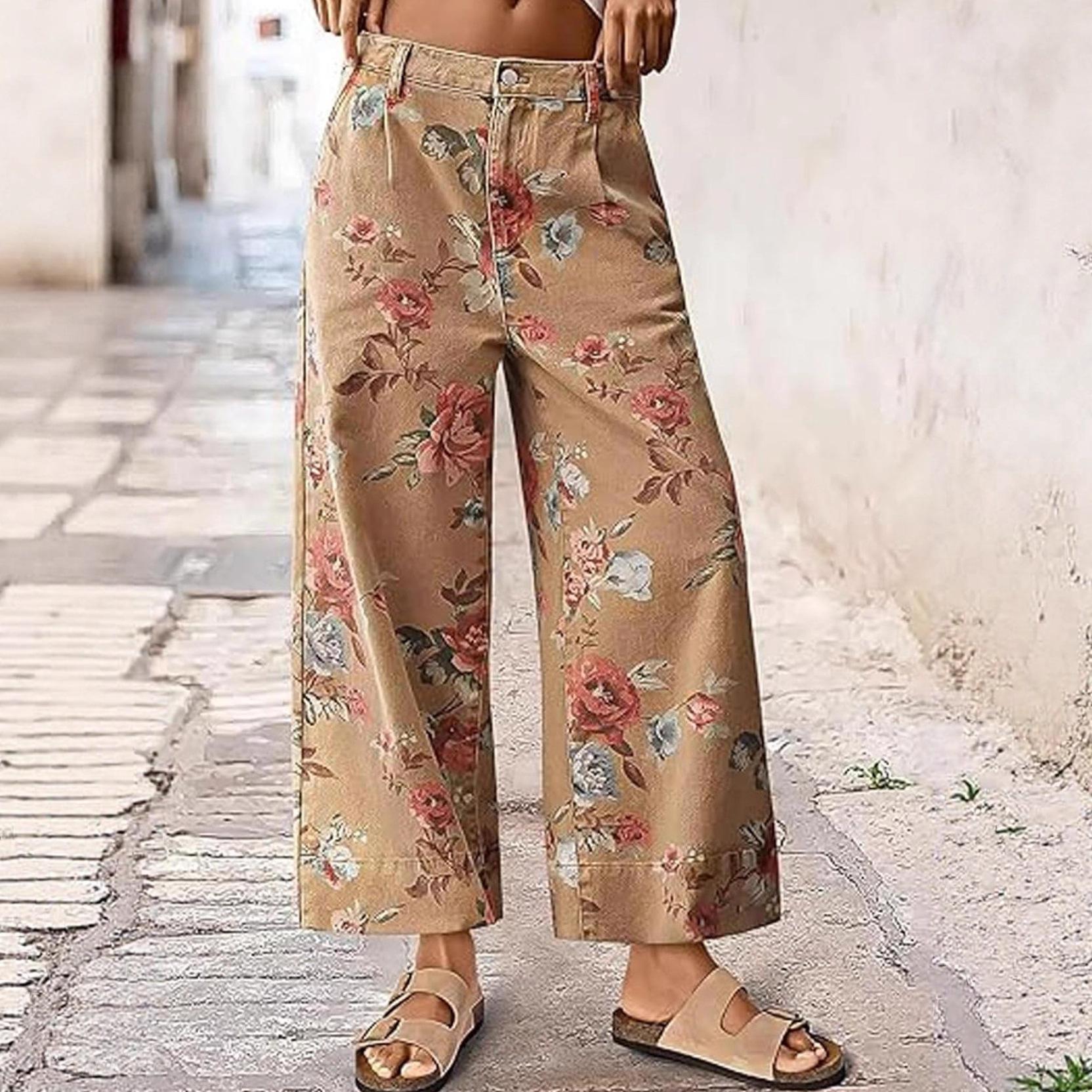 Women s High Waist Floral Print Wide Leg Pants S коричневый