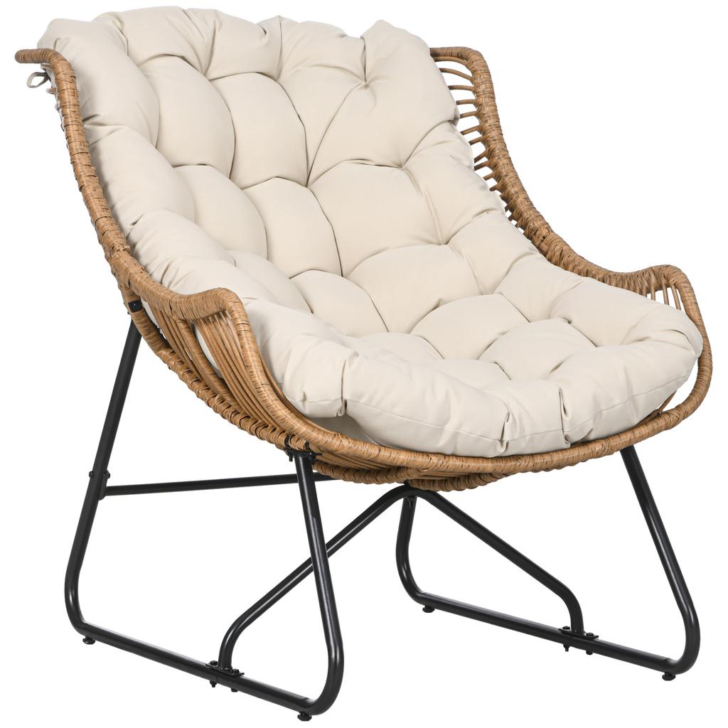 Gartenlounge, Rattan-Optik, Outdoor-Sessel, mit Kissen, Metallgestell, 75x101x90 cm, Natur/Khaki/Schwarz