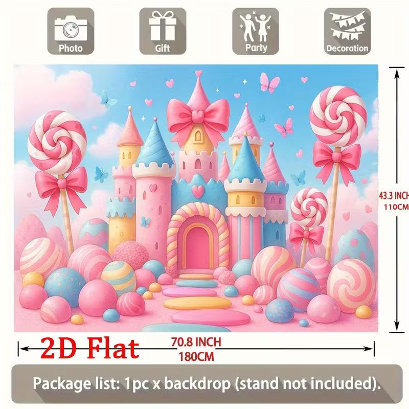 2D Pastel Candy Castle Backdrop, Princess Birthday Lollipop Background