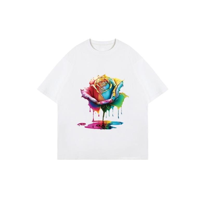 Übergroßes Damen-Kurzarm-T-Shirt mit Regenbogen-Farbverlauf, Tintenspritzer, Rose (mit Farbe-Tropf-Effekt) Drucken