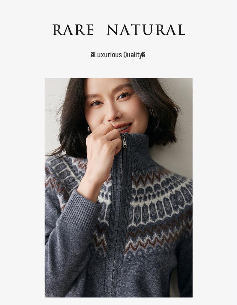Fair Isle Jacquard Women's Color Block Cashmere Cardigan - 2025 Autumn/Winter Lapel Zipper Jacket