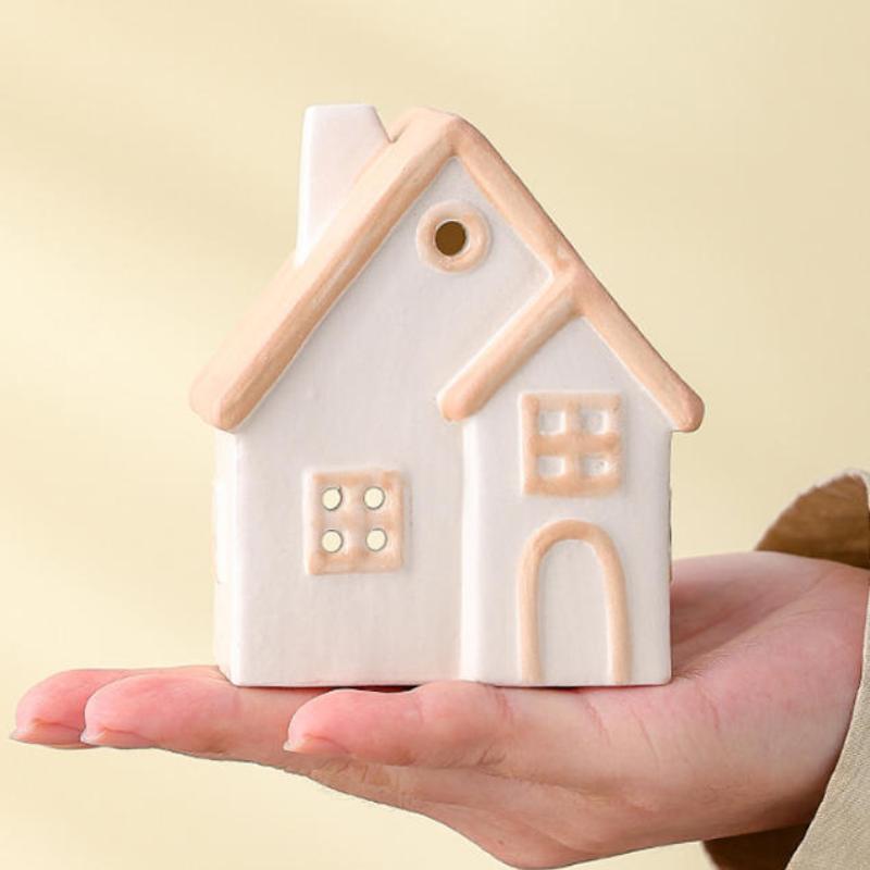 Painted Ceramic House Candle Holders Tabletop Christmas Or Everyday Home Decor Warm Glow Detailed Ornament(Without Candle)