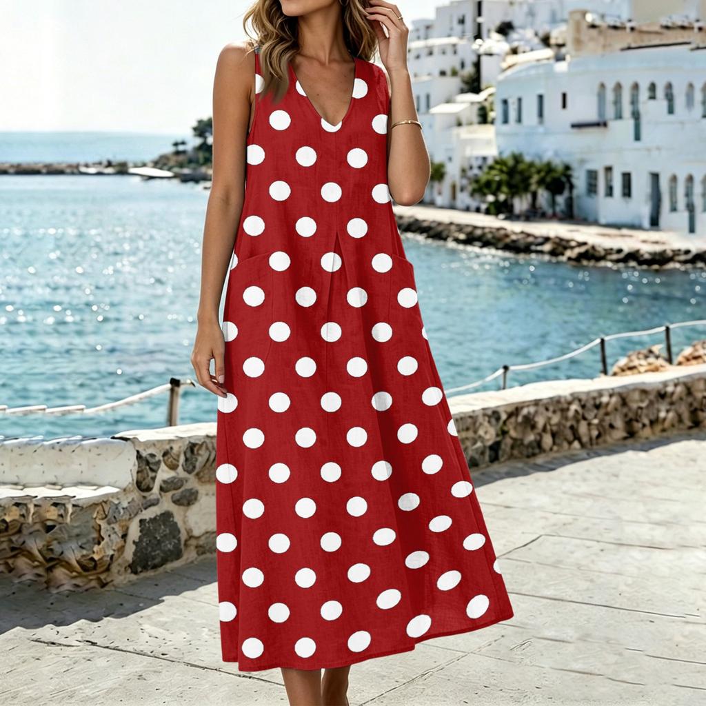 Sleeveless V Neck Dress with Side Pockets and Side Slits Polka Dot Pattern Cotton Linen Blend Casual Midi Dress for Women