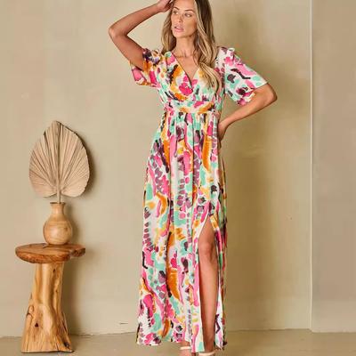 New Women's Slit Short-sleeved Dress Printed Lace-up Large Hem Skirt for Women