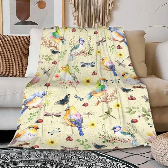 Flower And Bird Blanket Soft Flannel Hummingbird Throw Blanket Washable Cozy Floral Blanket for Adults Kids Couch Bed