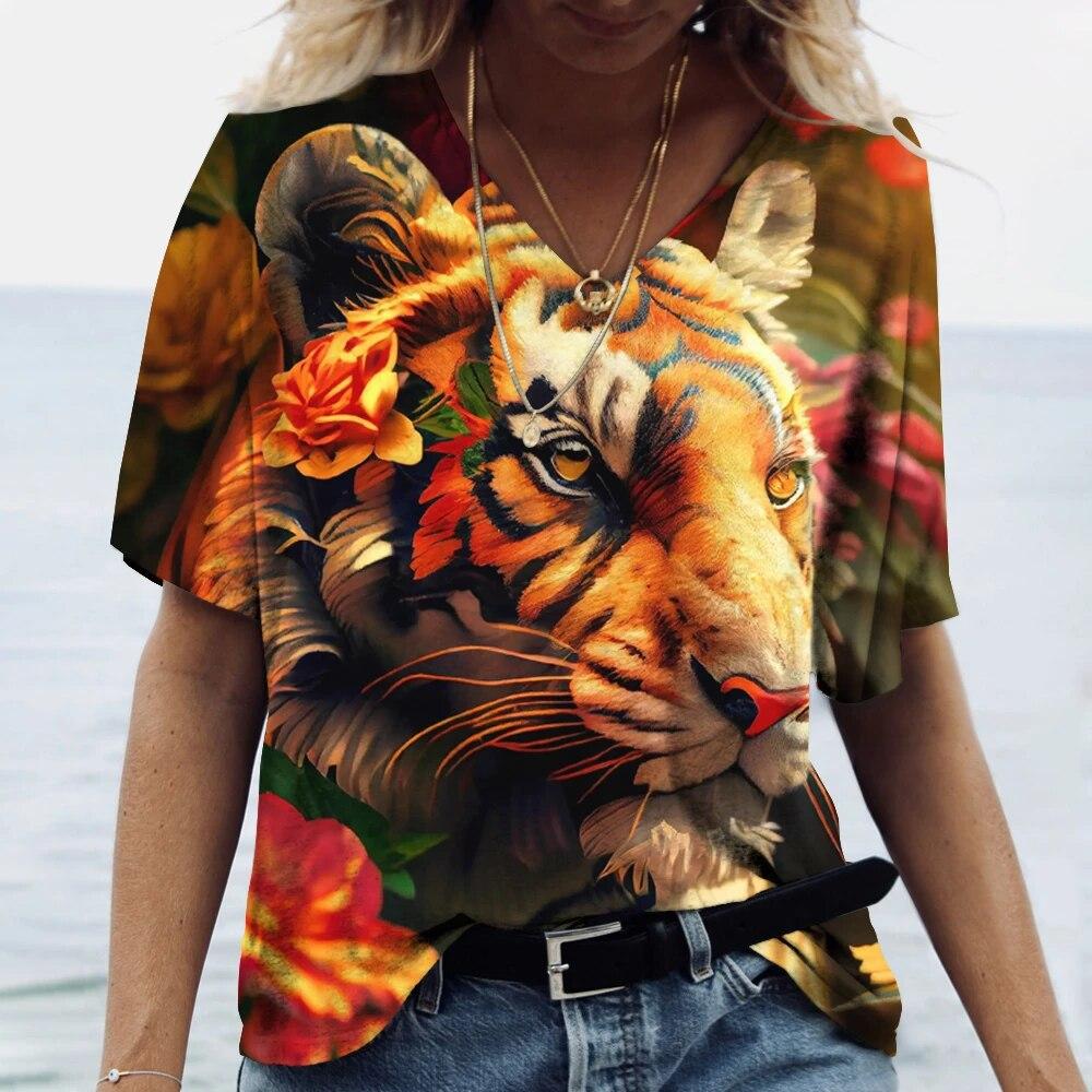 Summer V-neck 3D Animal Pattern Printed Top Fashionable Casual Short Sleeved Women's T-shirts