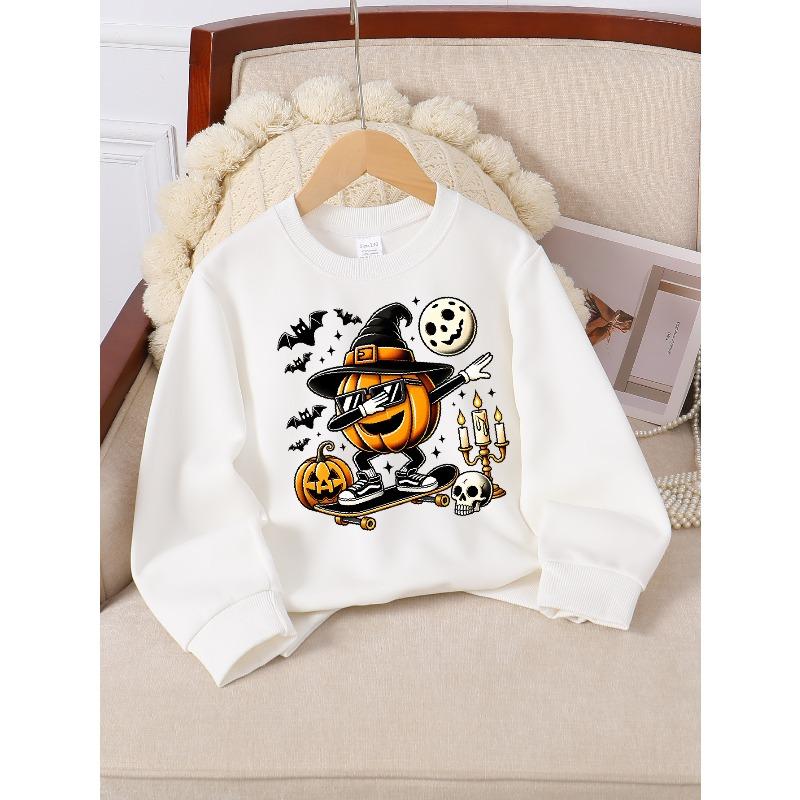 European sizes Girls' Long-Sleeve Crewneck Sweatshirt "Pumpkin Skateboard" Printed Top, Casual for Celebrations & Everyday Wear