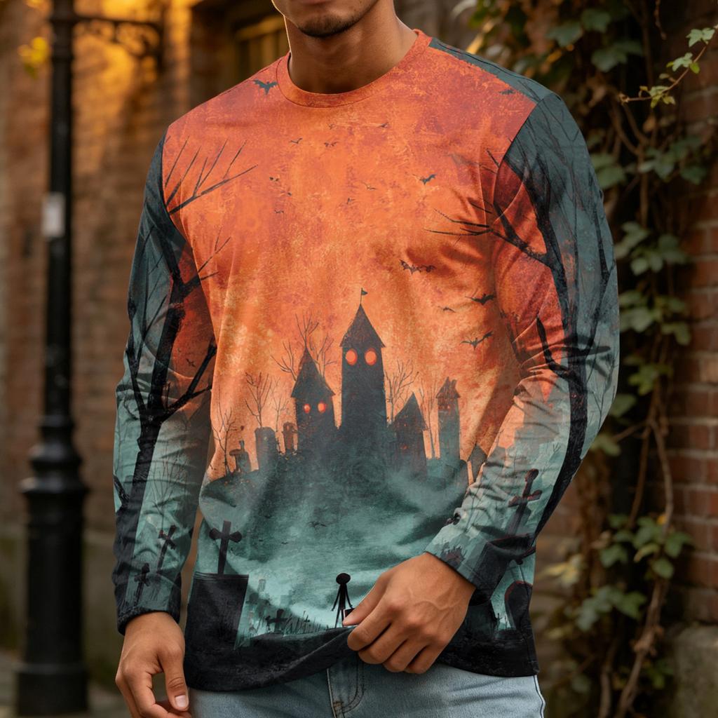 Men's Halloween Print Crewneck Long Sleeve T-Shirt for Casual Wear