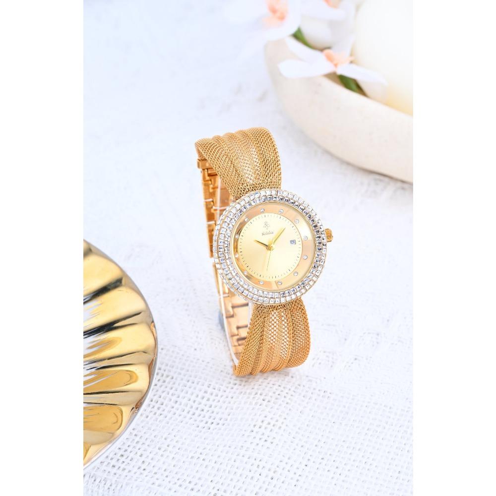 Elegant Women Waterproof Quartz Watch Rhinestone Decor Bezel Date Dial Wide Mesh Metal Band