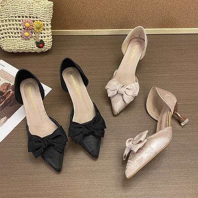 Bow High Heels Women's Summer Thin Heels Versatile Black Pointed Single Shoes Thin Small Heels Women's Bag Head Hollow Single Shoes