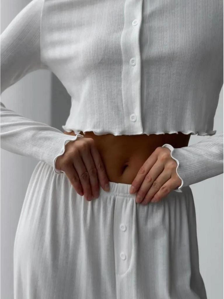 European-American Women's Long-Sleeve Knit Jacquard Top & Wide-Leg Pants Set - Casual Homewear