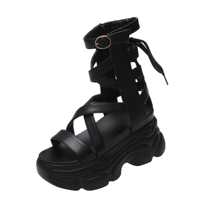 Fashion 8.5cm New Summer Black Women Leather Sandals Cool Ankle Boots Platform Shoes Wedges Women's Sandals Fashion Outdoor Sandalias