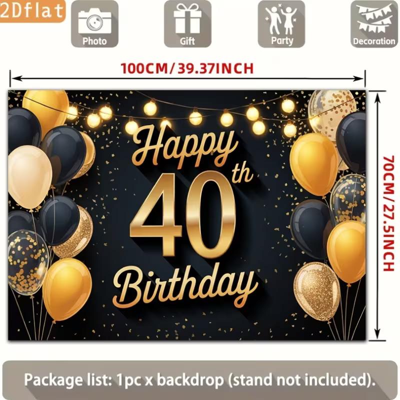 2D Adult 40th Birthday Backdrop Black Gold Themed Photography Banner