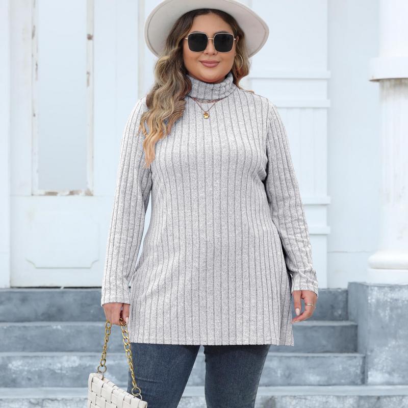 Women's Plus Size High Neck Slim Fit Base Shirt Ribbed Striped Split Mid-Length T-Shirt