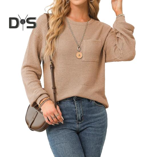 

Женские топы с круглым вырезом и длинным рукавом, однотонная свободная футболка, эластичная повседневная блузка, повседневная одежда L верблюд