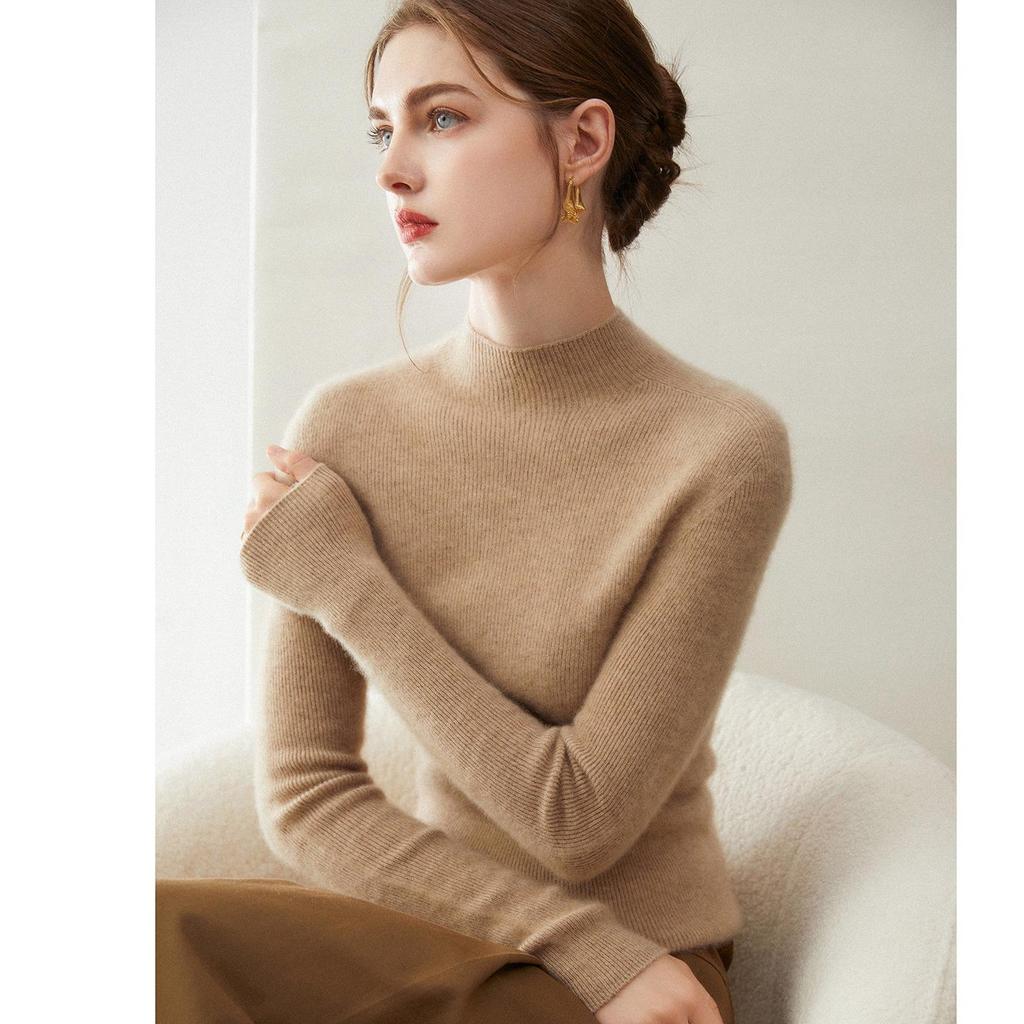 Women's Slim Fit 100% Pure Cashmere Half-High Neck Sweater - Warm Knit Base Layer Top for Autumn/Winter