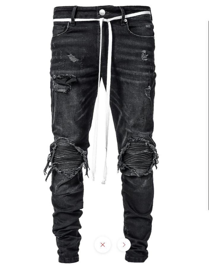 Trendy Men's European Stretch Motorcycle Black Ripped Denim Jeans