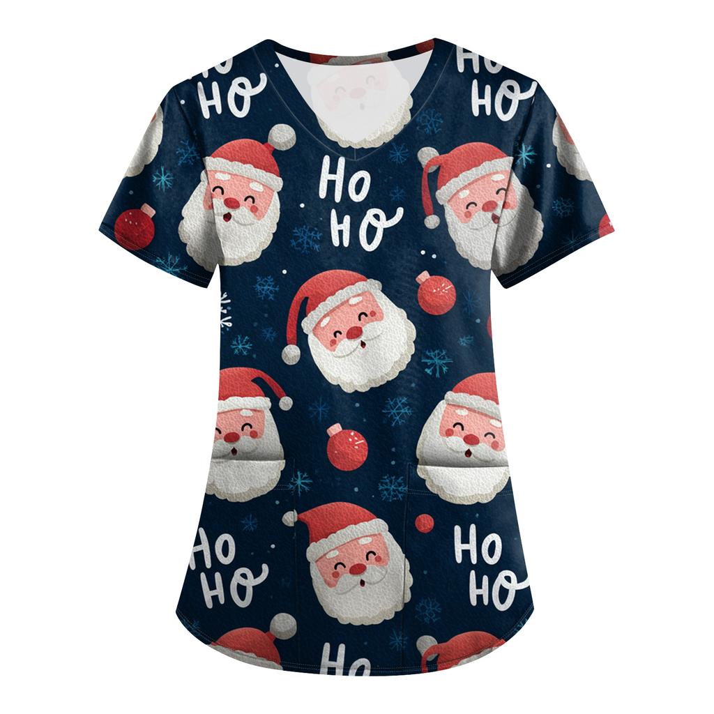 Plus SizePrinted Scrub Working Uniform Tops For Women's Cross V-Neck Print Short Sleeve Fun T-Shirts Workwear Tee With Pockets