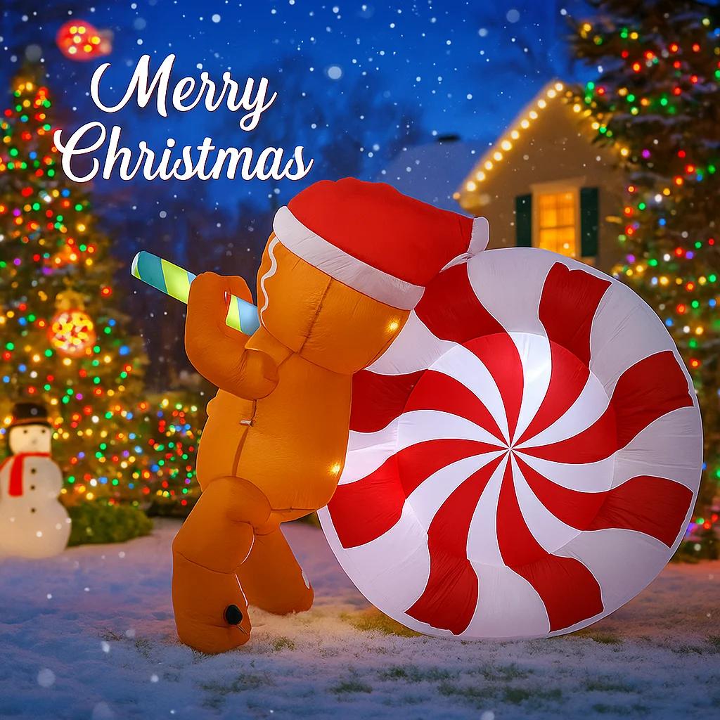4.92FT Inflatable Gingerbread Man Candy Cane Toy LED Lit Festive Gift Xmas Yard Party Decoration Christmas Supplie Home Ornament