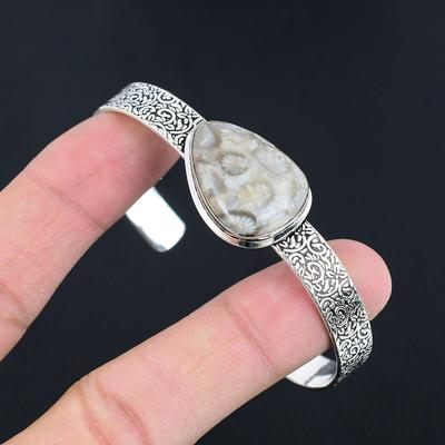 Friendship Day Sale Sterling Silver Fossil Coral Gemstone Mother Bangle Bracelet