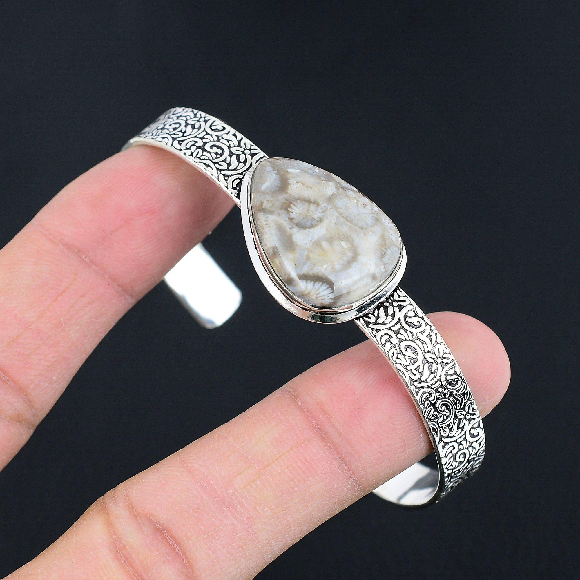 

Friendship Day Sale Sterling Silver Fossil Coral Gemstone Mother Bangle Bracelet Adjustable