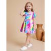 Summer Girls Fashion Cute Casual Gradient Rainbow Full-print Round-neck Short-sleeved Waist-cinching Casual Dress