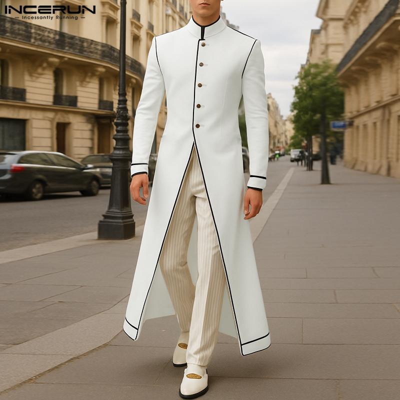 INCERUN Men Autumn Stand Neck Long Sleeve Buttons High Splits Long Windbreaker Coats