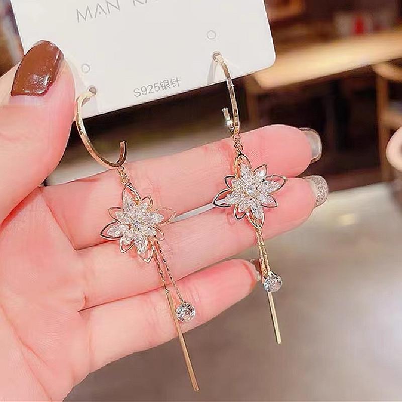 Zircon Flower Long Tassel Earrings: Korean Style, Slimming Face Design, S925 Silver Needle