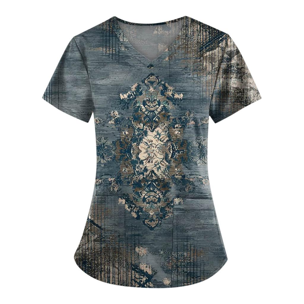 Plus Size Printed Scrub Working Uniform Tops For Women's V-Neck Print Short Sleeve Fun T-Shirts Workwear Tee With Pockets