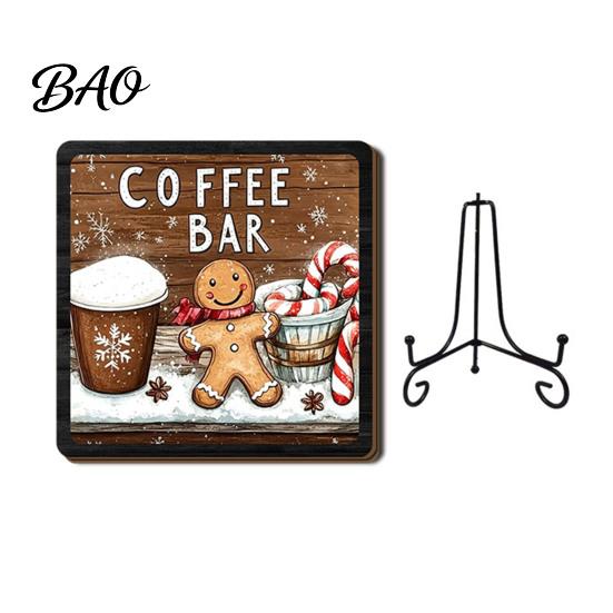 Christmas Hanging Ornament Wooden Tabletop Decor, 2D Pet Santa with Iron Stand, Rustic Xmas Party Holiday Sign for Home And Cafe Festive Shelf, Solid